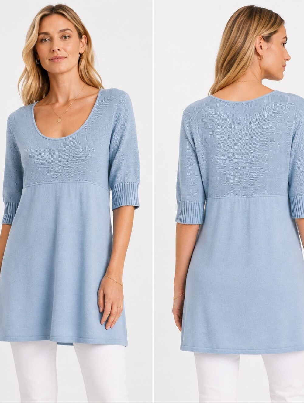 Eileen Fisher Cotton Cashmere Empire Waist Tunic L Light Blue Waffle Knit Luxury